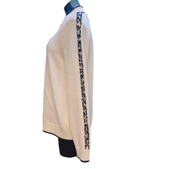 St. John Sport Cream Black Knit Cardigan Zipper Braided Sleeve Detail M - Picture 4 of 10